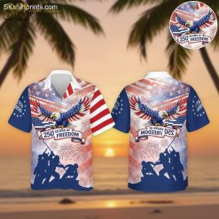 White aloha shirt featuring bald eagle with American flag design and 250 Years of Freedom text