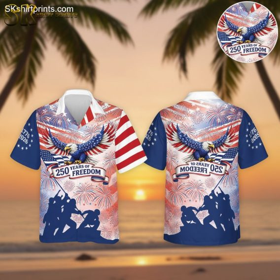 White aloha shirt featuring bald eagle with American flag design and 250 Years of Freedom text