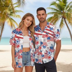 White aloha wedding shirt with patriotic American flag hibiscus pattern and formal styling
