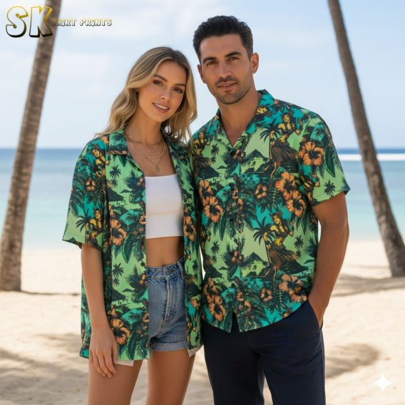 White and green Hawaiian shirt displaying hibiscus flowers and palm tree artwork