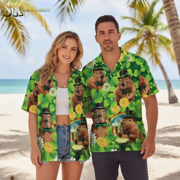 Capybara St Patrick's Day Green Hawaiian Shirt with Shamrocks and Beer Mugs