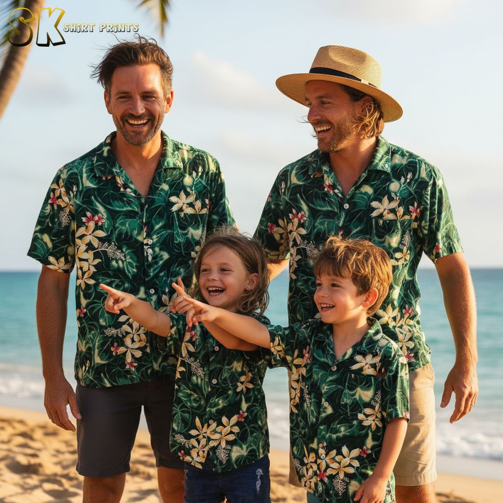 White and green Hawaiian shirt displaying green tropical leaves with white flower clusters and dark centers