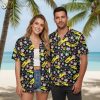 White and black Hawaiian shirt displaying contrasting musical and tropical elements in vibrant colors