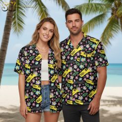 White and black Hawaiian shirt displaying contrasting musical and tropical elements in vibrant colors