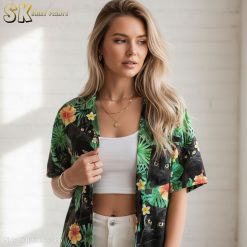 White and black Hawaiian shirt product specifications showing cat tropical pattern details