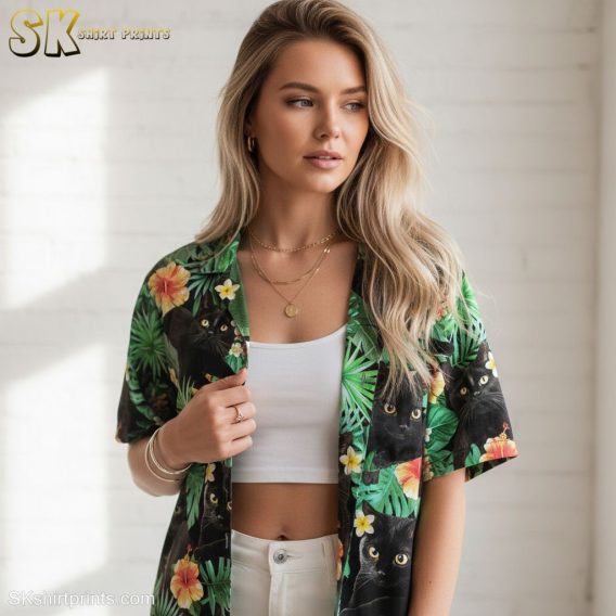 White and black Hawaiian shirt product specifications showing cat tropical pattern details