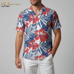White floral Hawaiian shirt with colorful hibiscus flower pattern and tropical leaf design