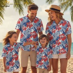 White and green Hawaiian shirt collection showing multiple tropical leaf pattern variations