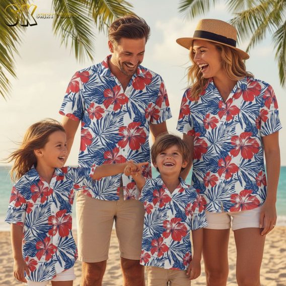 White and green Hawaiian shirt collection showing multiple tropical leaf pattern variations