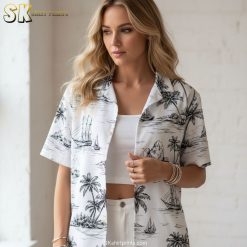 White Hawaiian shirt with blue palm trees showing product specifications and sizing information