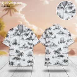 White Hawaiian shirt mens with monochrome nautical sailboat and tropical island print