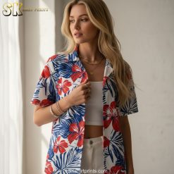 White Hawaiian shirt men's style with tropical print pattern and sizing specifications