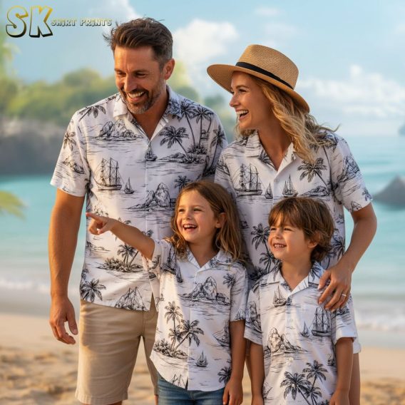 White Hawaiian shirt outfit styling showcasing multiple designs and color variations