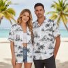 White Hawaiian shirt with palm trees and tropical island scenery in monochrome design