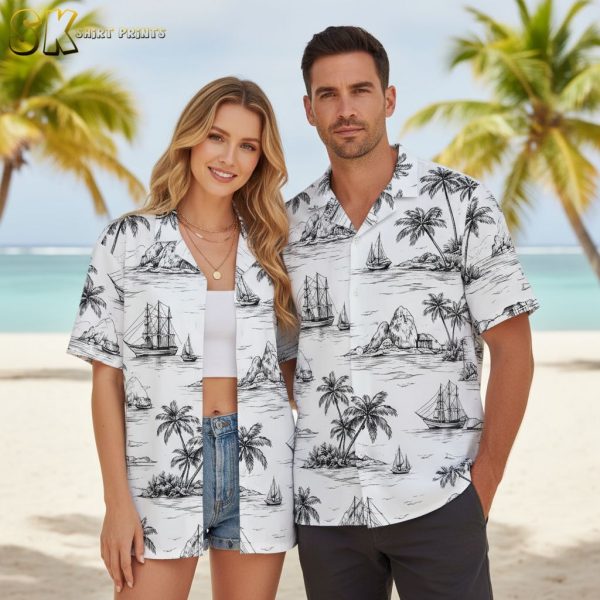 White Hawaiian Shirt Mens - Nautical Sailboat Design with Palm Trees and Islands