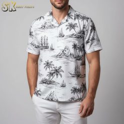 White Hawaiian shirt with red flowers and tropical floral pattern for summer style
