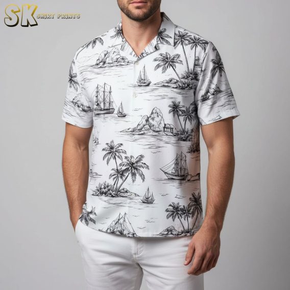 White Hawaiian shirt with red flowers and tropical floral pattern for summer style