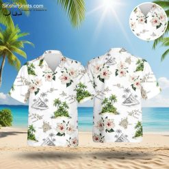 White Hawaiian shirt featuring tropical hibiscus flowers, palm trees and island map design