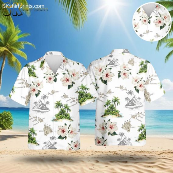 White Hawaiian shirt featuring tropical hibiscus flowers, palm trees and island map design