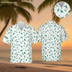 White tropical shirt with green leaves and tropical elements pattern for men