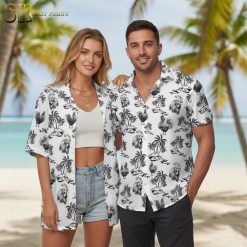 White tropical shirt for men with palm tree and rooster Hawaiian print