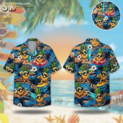Women's blue Hawaiian shirt featuring pineapples wearing sunglasses in tropical activities