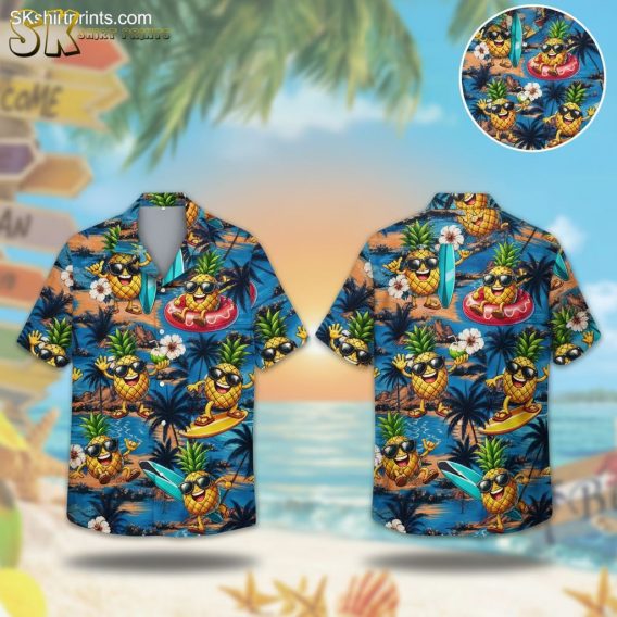 Women's blue Hawaiian shirt featuring pineapples wearing sunglasses in tropical activities
