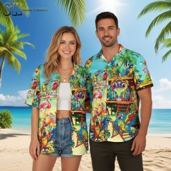 Womens flamingo beach shirt vacation wear with pink flamingo and surfboard margaritaville print
