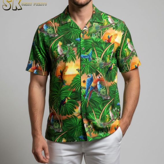 Womens green Hawaiian shirt with tropical bird print featuring parrots and toucans on palm leaf background