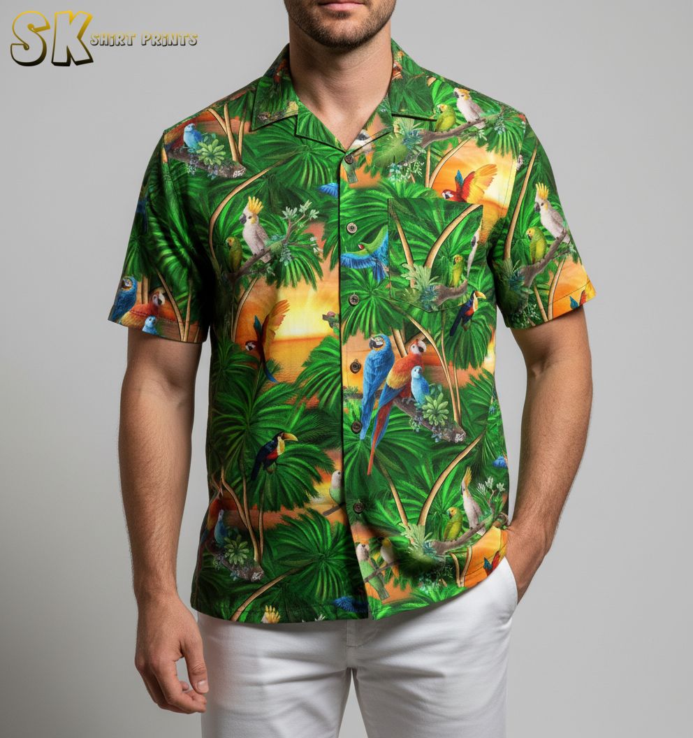 Womens green Hawaiian shirt with tropical bird print featuring parrots and toucans on palm leaf background
