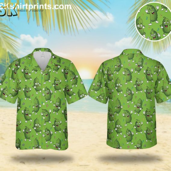 Women's green Hawaiian shirt featuring cartoon pickle characters with musical notes in dancing poses
