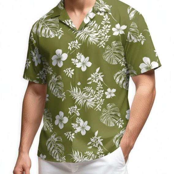 Womens green Hawaiian shirt with white hibiscus and tropical leaf print