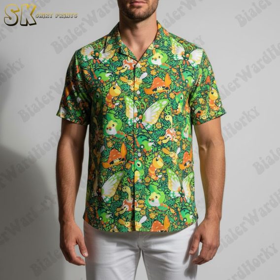 Women's green Hawaiian shirt displaying colorful moth illustrations and small floral motifs in tropical print