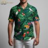 Womens green Hawaiian shirt with tropical parrots and red floral pattern