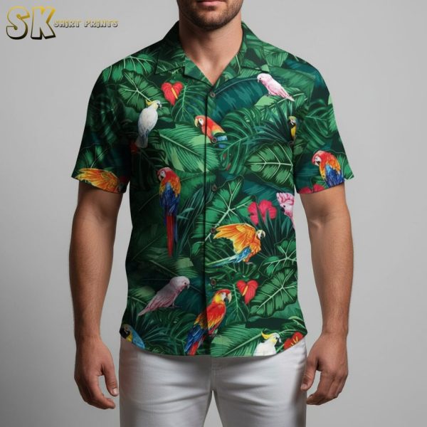Green Aloha Shirt with Tropical Parrots and Red Flowers - Women's Hawaiian Print