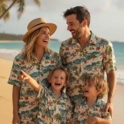 Womens Hawaiian Christmas shirt showing Santa with wrapped gifts among palm trees and waves