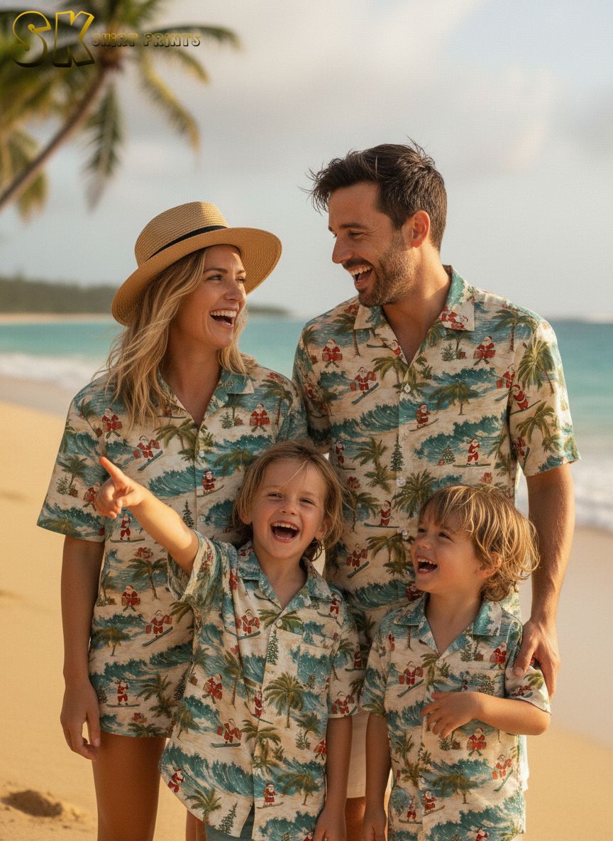 Womens Hawaiian Christmas shirt showing Santa with wrapped gifts among palm trees and waves