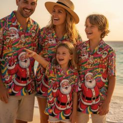 Womens Hawaiian Christmas shirt showing Santa in various holiday poses with candy canes and bright tropical Christmas colors