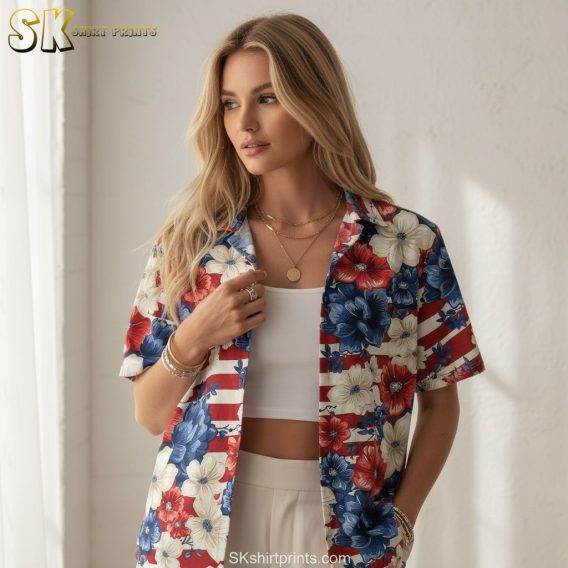 Women's red Hawaiian shirt displaying bold tropical flowers in red, white and blue colors