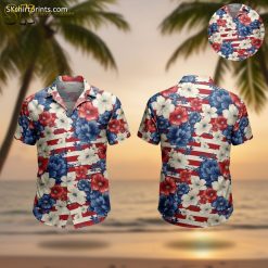 Women's red Hawaiian shirt featuring red, white and blue flowers on striped background