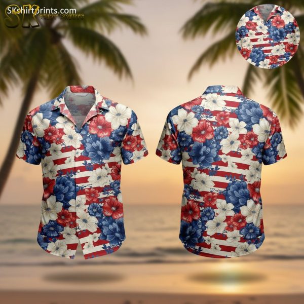 Womens Red Hawaiian Shirt - Patriotic Floral Print with Stars and Stripes Design