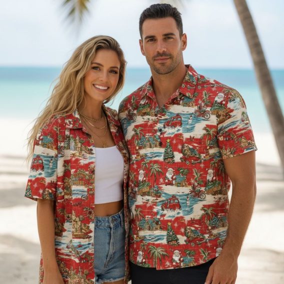 Xmas Hawaiian shirt with Santa Claus beach scenes, Christmas trees, and tropical holiday elements