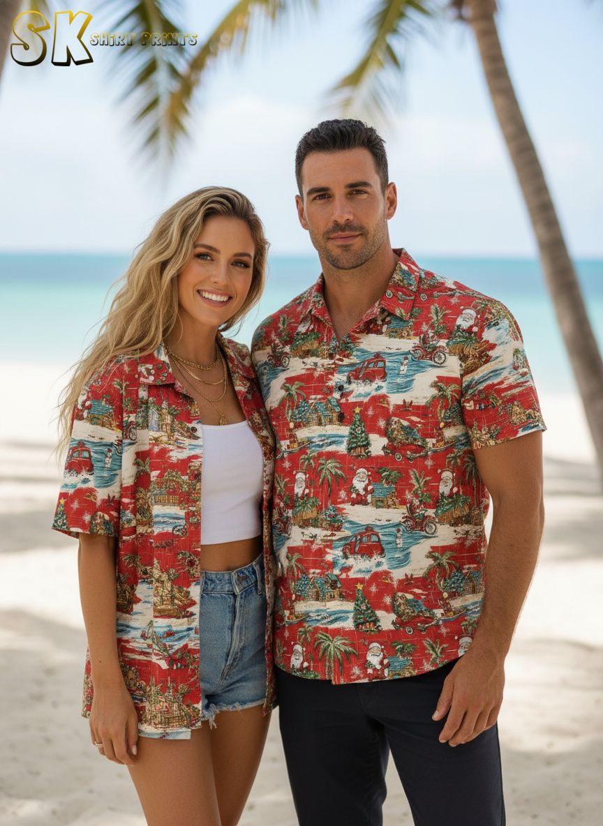 Xmas Hawaiian shirt with Santa Claus beach scenes, Christmas trees, and tropical holiday elements