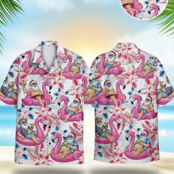 Xmas Hawaiian shirts featuring Santa Claus relaxing on pink flamingos with tropical drinks and vibrant red blue flowers