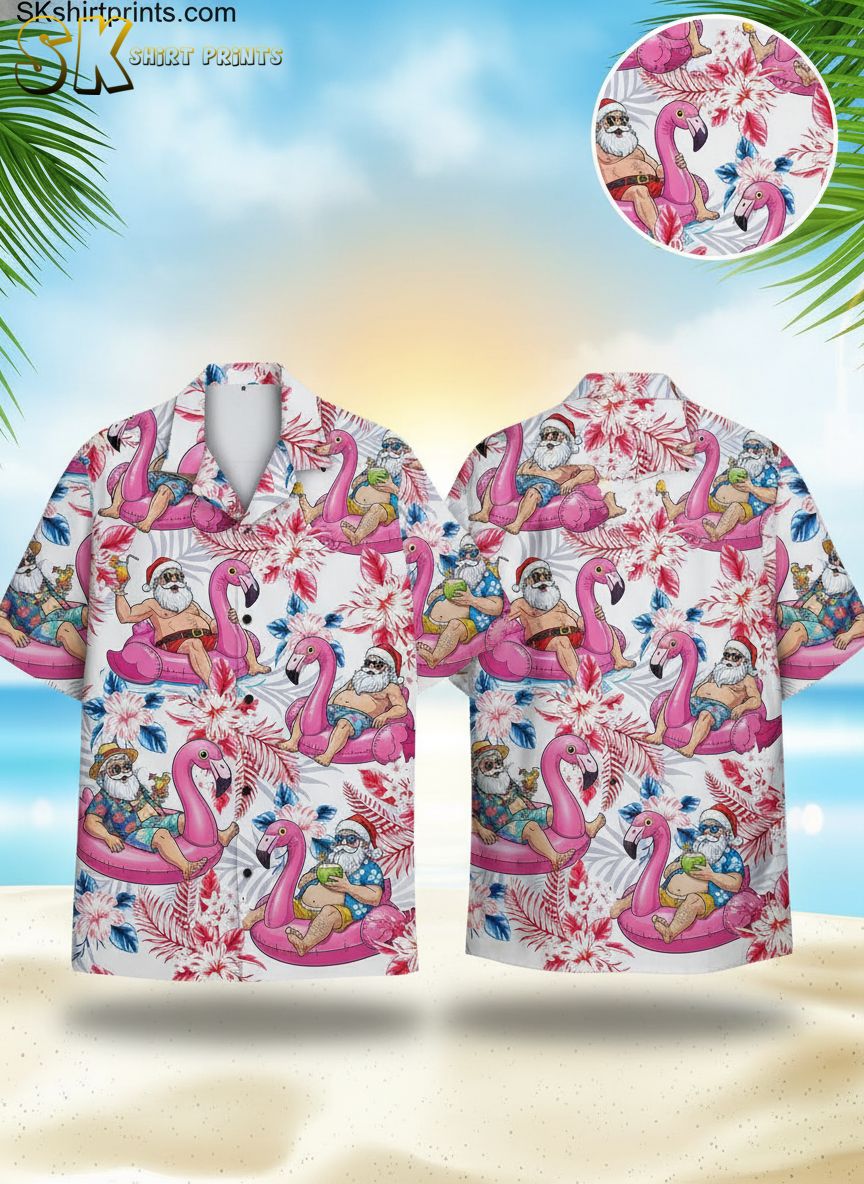 Xmas Hawaiian shirts featuring Santa Claus relaxing on pink flamingos with tropical drinks and vibrant red blue flowers