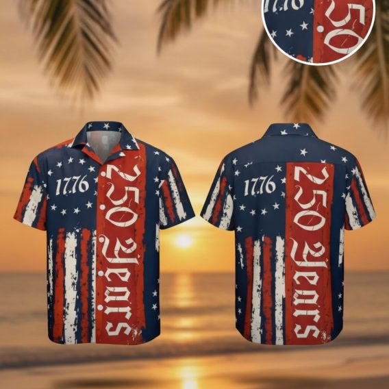1776 2026 Hawaiian shirt with red, white, and blue stars and stripes pattern and distressed vintage print