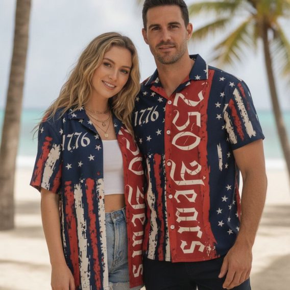 250th anniversary Hawaiian shirt with stars and stripes pattern and 1776 and 250 Years text in distressed print