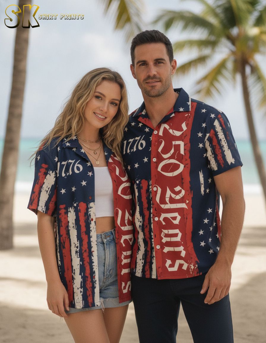250th anniversary Hawaiian shirt with stars and stripes pattern and 1776 and 250 Years text in distressed print