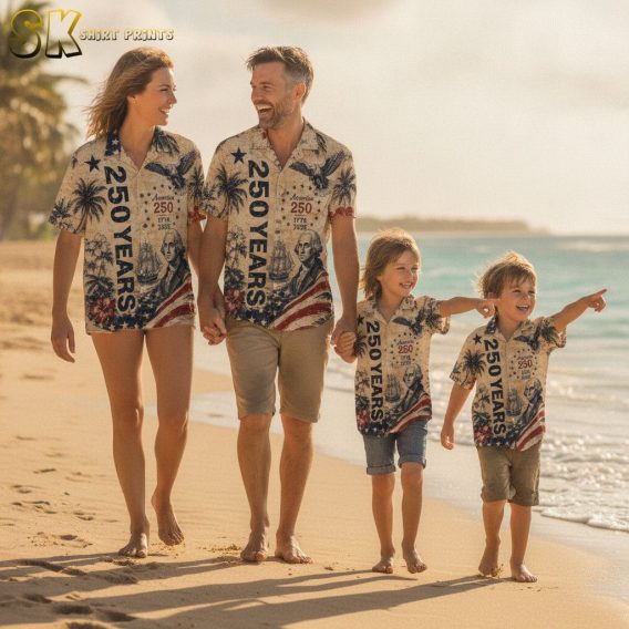 250th anniversary Hawaiian shirt featuring an eagle, historic sailing ship, hibiscus flowers, palm trees, American flag stars, and 250 Years 1776 2026 text in red, white, and blue.