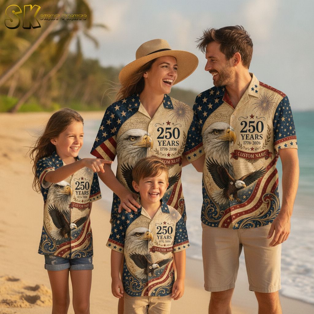 250th anniversary Hawaiian shirt with all-over print of bald eagles, fireworks, American flag stars and stripes, and commemorative '250 Years 1776-2026' text in red, white, and blue